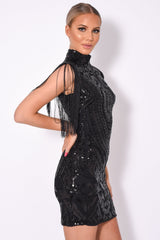 Kylie Vip Black Luxe Tassel Fringe Sequin Embellished Illusion Dress