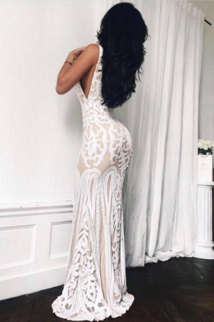 Lush Luxe White Nude Triple V Plunge Sequin Illusion Fishtail Maxi Dress