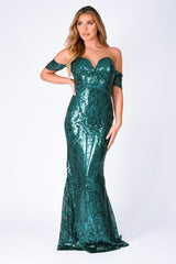 nazz collection sweetheart plunge sequin embellished bardot off the shoulder maxi fishtail mermaid dress emerald green