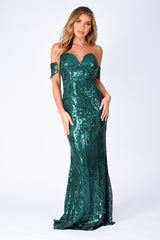 nazz collection sweetheart plunge sequin embellished bardot off the shoulder maxi fishtail mermaid dress emerald green