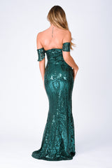 nazz collection sweetheart plunge sequin embellished bardot off the shoulder maxi fishtail mermaid dress emerald green