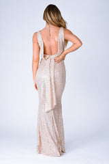 The One Rose Gold Sequin Plunge Backless Maxi Dress