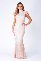 Bliss Vip Rose Gold Silver Ombre Sequin Feather Maxi Mermaid Dress