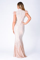 Bliss Vip Rose Gold Silver Ombre Sequin Feather Maxi Mermaid Dress