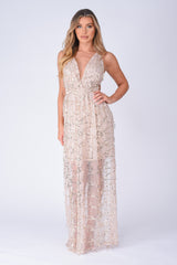 Tiffany Nude Plunge Gold Sequin Tassel Fringe Sheer Maxi Dress