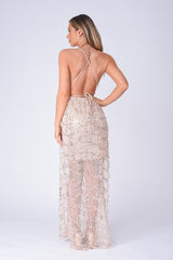 Tiffany Nude Plunge Gold Sequin Tassel Fringe Sheer Maxi Dress