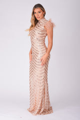 Power Vip Rose Gold Luxe Feather Shoulder Sequin Illusion Maxi Dress