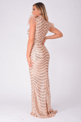 Power Vip Rose Gold Luxe Feather Shoulder Sequin Illusion Maxi Dress