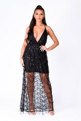 Tiffany Black Plunge Sequin Tassel Fringe Sheer Maxi Dress