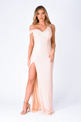 Marilyn Champagne Sequin Off The Shoulder Maxi Slit Dress