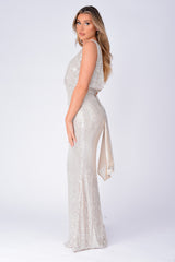 The One Silver Sequin Plunge Backless Maxi Dress