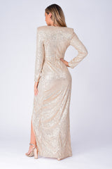 Gleaming Goddess Champagne Gold Sequin Plunge Wrap Slit Maxi Dress