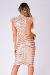 Destiny Vip Rose Gold Luxe Feather Sequin Illusion Midi Pencil Dress