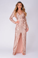 Elite Vip Rose Gold Nude Sequin Illusion Middle Slit Maxi Dress