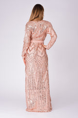 Elite Vip Rose Gold Nude Sequin Illusion Middle Slit Maxi Dress