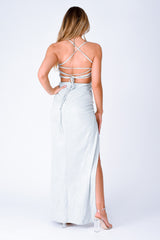 glitter metallic maxi slit silver sparkle dress