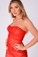 Misbehaved Red Ruched Mesh Bandeau Strapless Dress