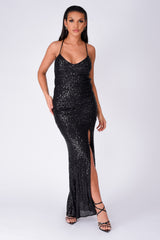 Big Dreams Black Tie Back Sequin Plunge Slit Maxi Dress