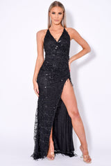 Siren Black Plunge Gold Sequin Tassel Fringe Thigh Slit Fishtail Dress