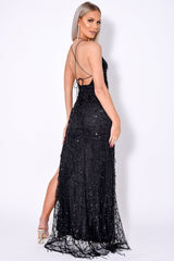 Siren Black Plunge Gold Sequin Tassel Fringe Thigh Slit Fishtail Dress