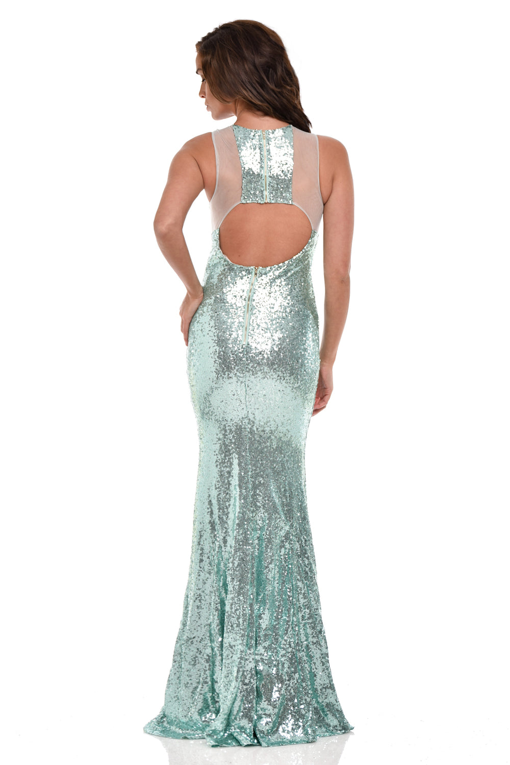 Daria Mint Sequin Exposed Back Fishtail Maxi Dress