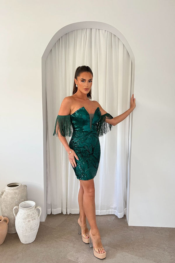 Yazmine Green Plunge V Neck Bardot Tassel Fringe Luxe Sequin Embellished Illusion Mini Dress