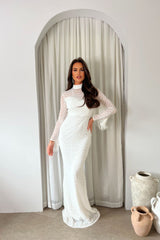 Hypnotic White Luxe VIP Tassel Fringe Sequin Embellished Illusion Long Sleeve Maxi Dress