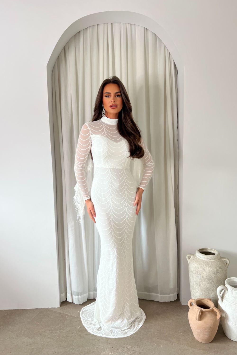 Hypnotic White Luxe VIP Tassel Fringe Sequin Embellished Illusion Long Sleeve Maxi Dress