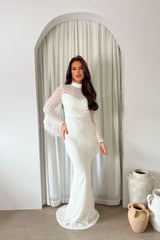 Hypnotic White Luxe VIP Tassel Fringe Sequin Embellished Illusion Long Sleeve Maxi Dress