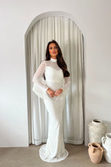 Hypnotic White Luxe VIP Tassel Fringe Sequin Embellished Illusion Long Sleeve Maxi Dress