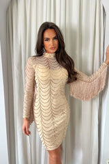 Lolita Champaign Gold Luxe VIP Tassel Fringe Sequin Embellished Illusion Long Sleeve Mini Dress