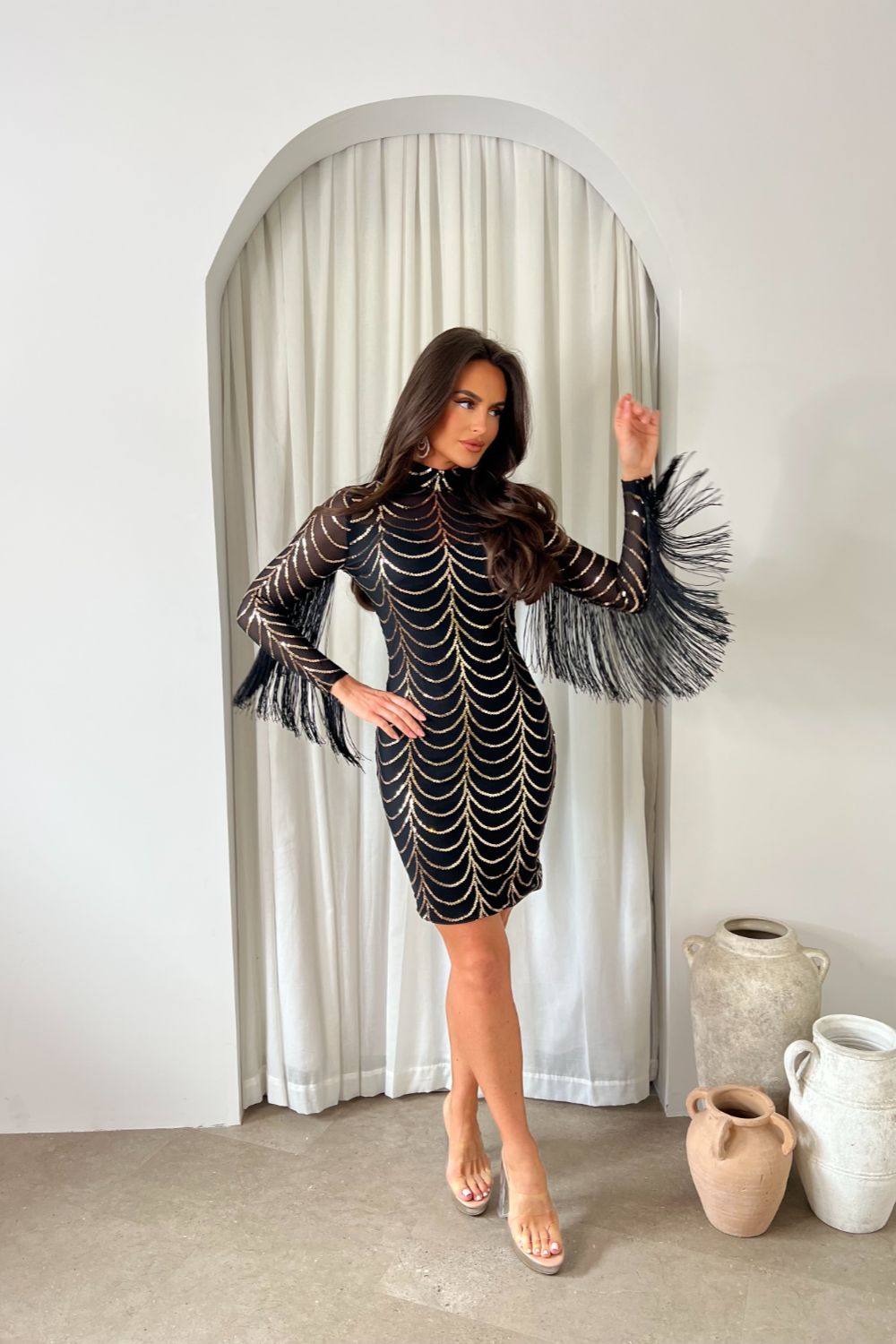 Lolita Black Rose Gold Luxe VIP Tassel Fringe Sequin Embellished Illusion Long Sleeve Mini Dress