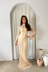 Hypnotic Champaign Gold Luxe VIP Tassel Fringe Sequin Embellished Illusion Long Sleeve Maxi Dress