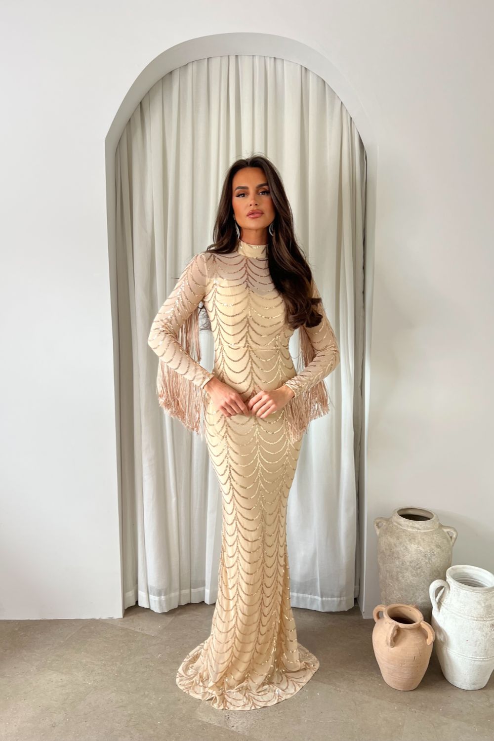 Hypnotic Champaign Gold Luxe VIP Tassel Fringe Sequin Embellished Illusion Long Sleeve Maxi Dress