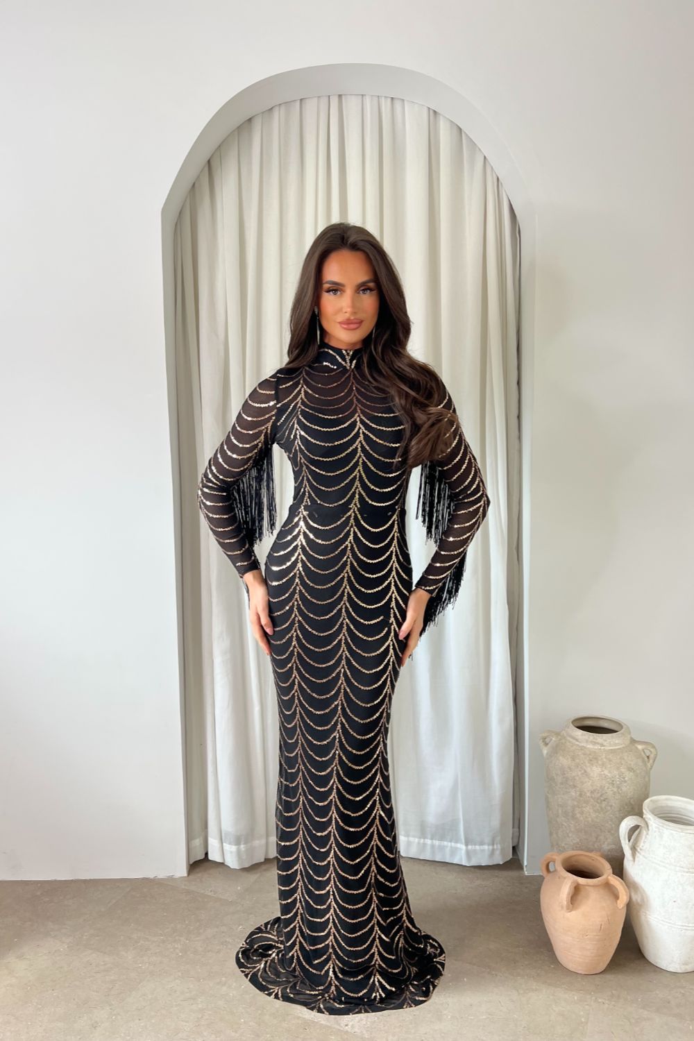 Hypnotic Black Rose Gold Luxe VIP Tassel Fringe Sequin Embellished Illusion Long Sleeve Maxi Dress