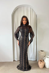 Hypnotic Black Rose Gold Luxe VIP Tassel Fringe Sequin Embellished Illusion Long Sleeve Maxi Dress