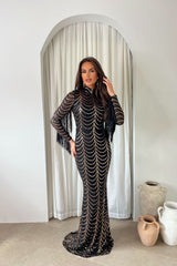 Hypnotic Black Rose Gold Luxe VIP Tassel Fringe Sequin Embellished Illusion Long Sleeve Maxi Dress