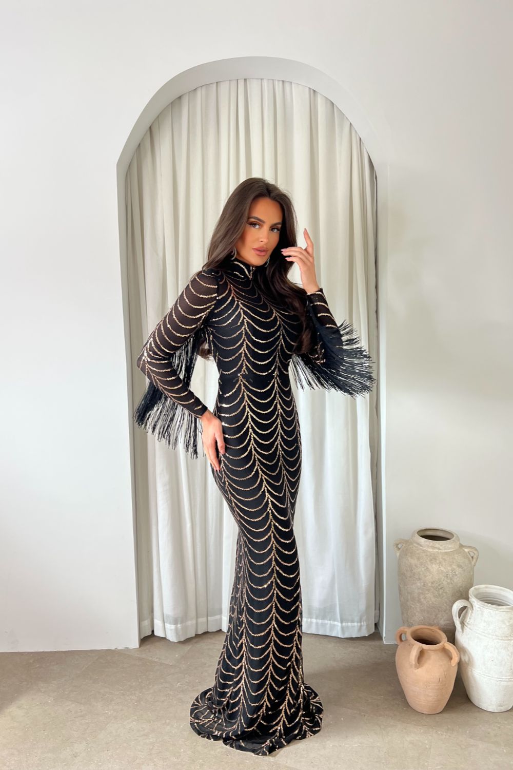 Hypnotic Black Rose Gold Luxe VIP Tassel Fringe Sequin Embellished Illusion Long Sleeve Maxi Dress
