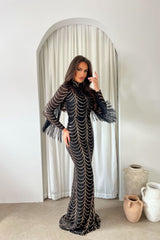 Hypnotic Black Rose Gold Luxe VIP Tassel Fringe Sequin Embellished Illusion Long Sleeve Maxi Dress