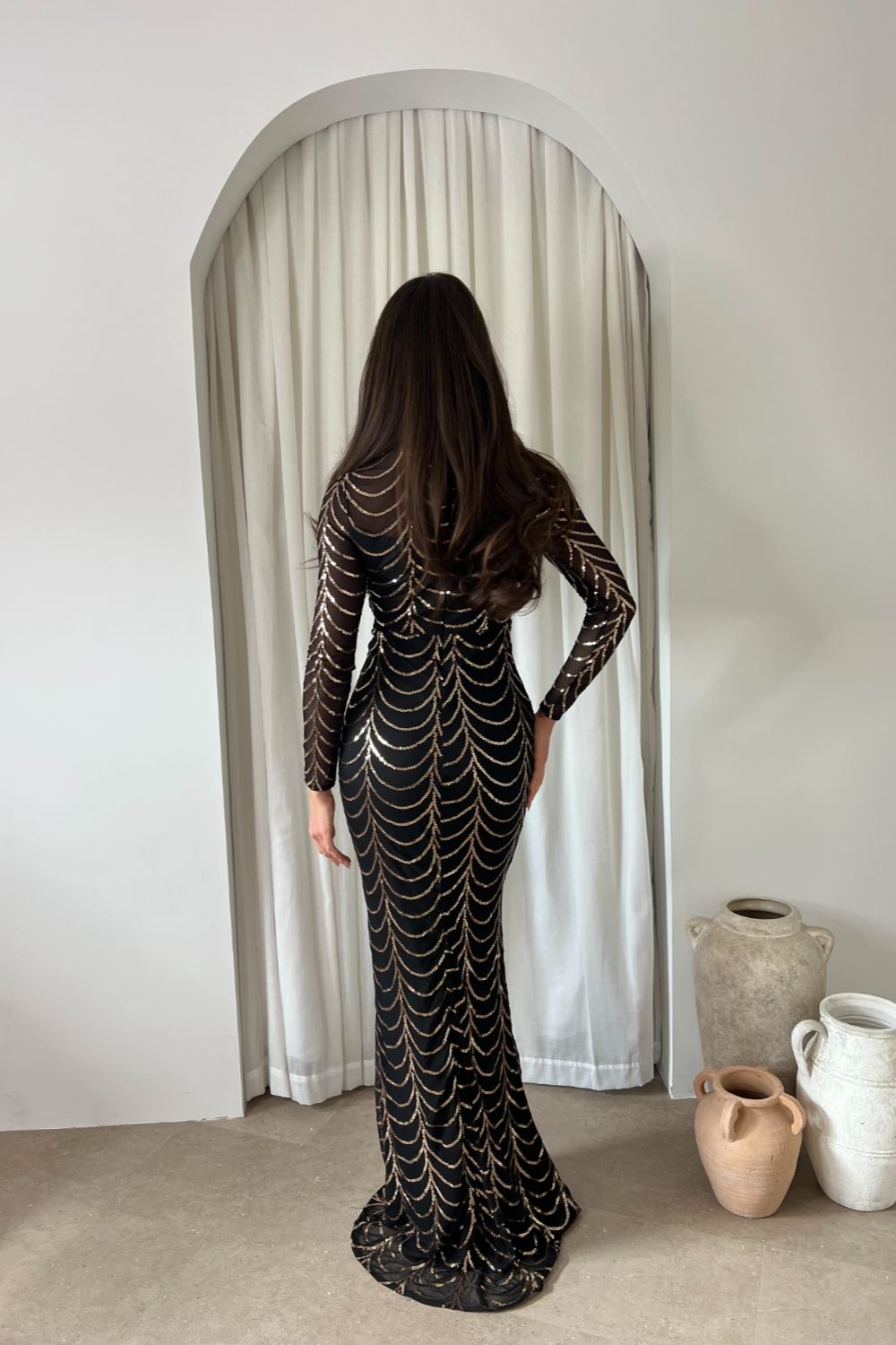 Nyla Black Rose Gold Luxe VIP Hourglass Sequin Embellished Illusion Long Sleeve Maxi Dress
