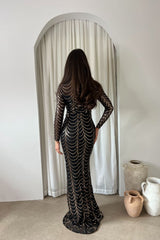 Nyla Black Rose Gold Luxe VIP Hourglass Sequin Embellished Illusion Long Sleeve Maxi Dress
