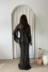 Hypnotic Black Rose Gold Luxe VIP Tassel Fringe Sequin Embellished Illusion Long Sleeve Maxi Dress