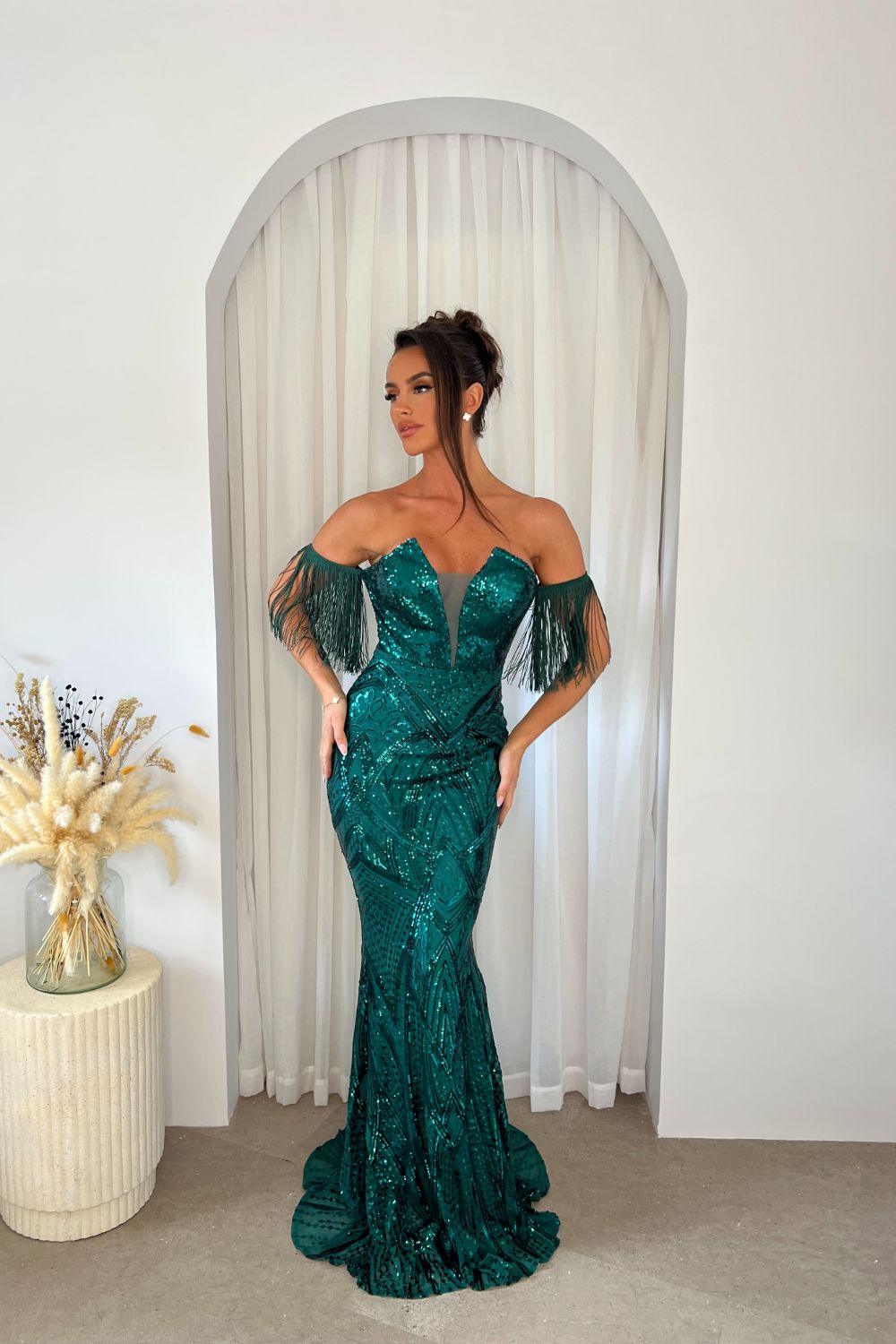 Enchanted Green Plunge V Neck Bardot Tassel Fringe Luxe Sequin Embellished Illusion Maxi Dress