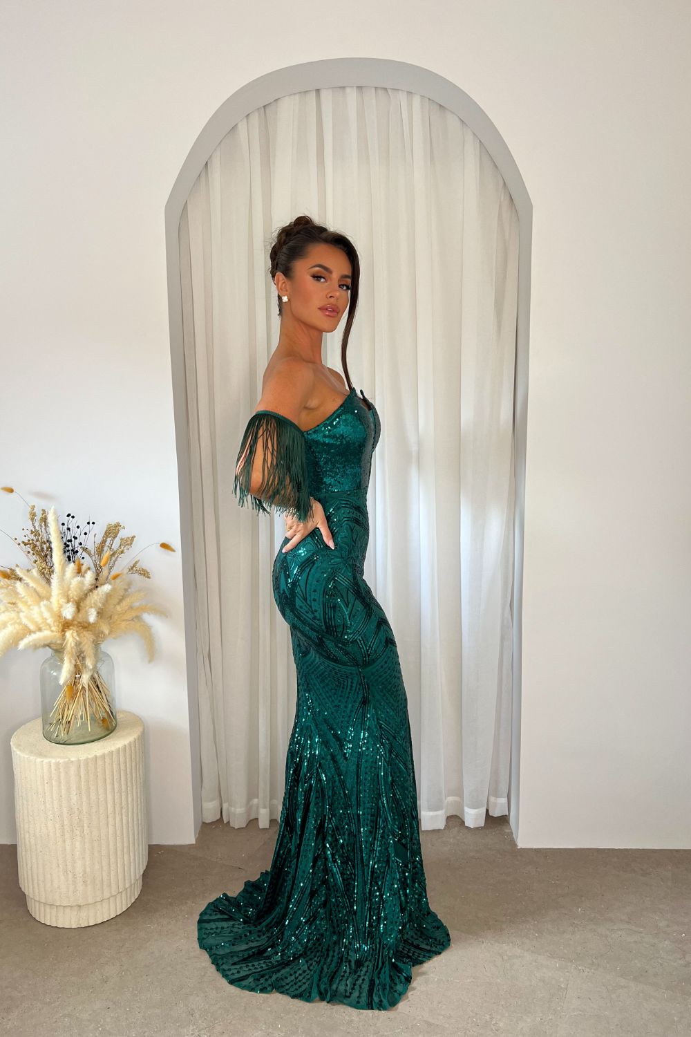 Enchanted Green Plunge V Neck Bardot Tassel Fringe Luxe Sequin Embellished Illusion Maxi Dress