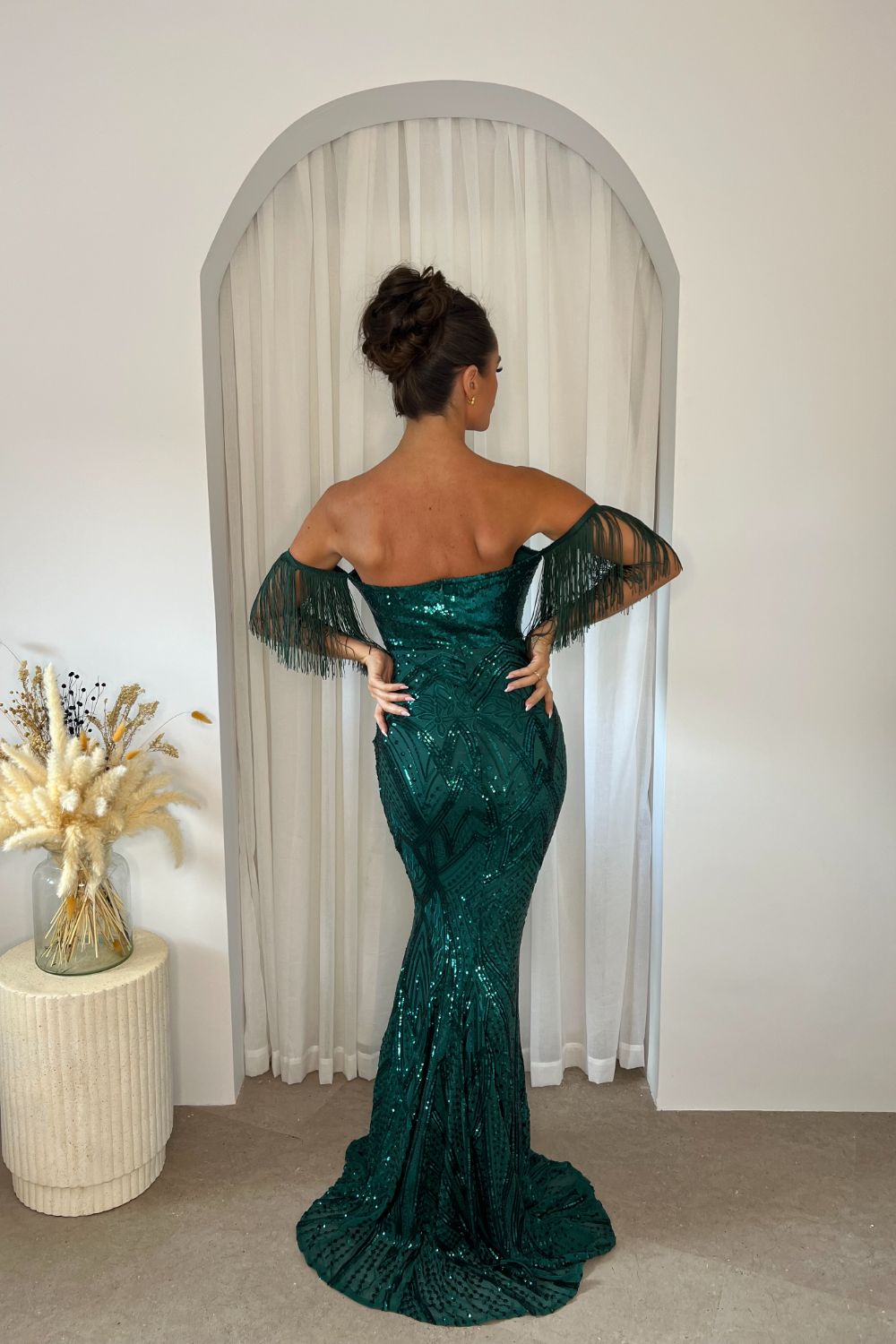 Enchanted Green Plunge V Neck Bardot Tassel Fringe Luxe Sequin Embellished Illusion Maxi Dress