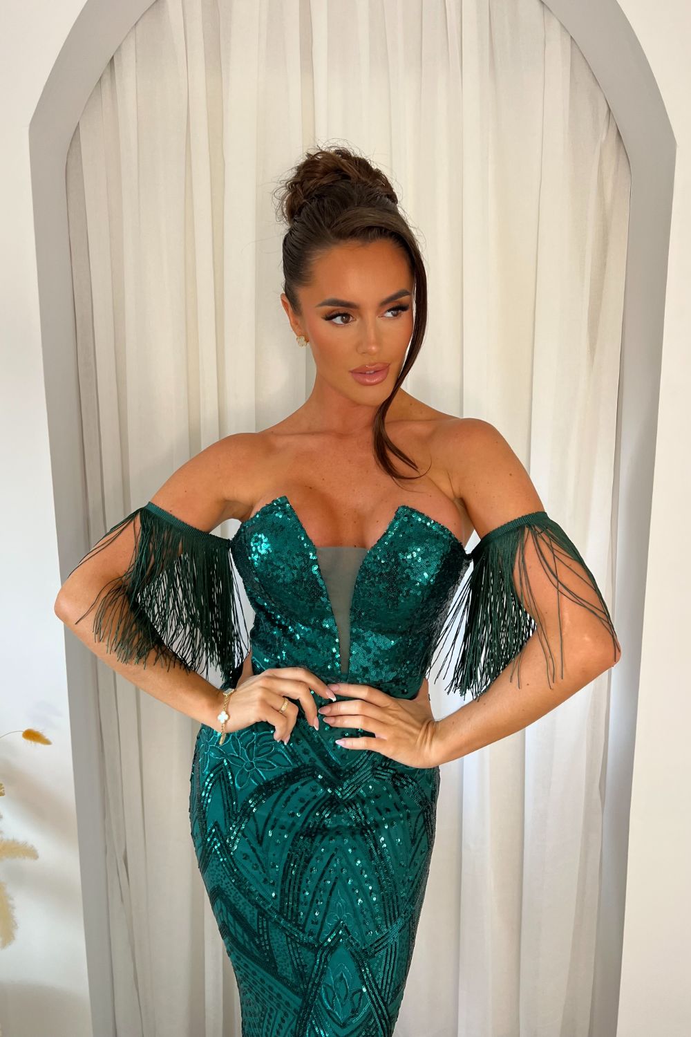 Enchanted Green Plunge V Neck Bardot Tassel Fringe Luxe Sequin Embellished Illusion Maxi Dress 18 Enchanted Green Plunge V Neck Bardot Tassel Fringe Luxe Sequin Embellished Illusion Maxi Dress 18