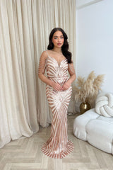 Vanity Rose Gold Luxe Sweetheart Beaded Shoulder Fringe Sequin Embellished Mermaid Illusion Maxi Dress