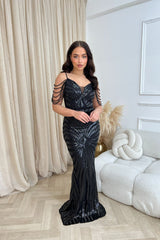 Vanity Black Luxe Sweetheart Beaded Shoulder Fringe Sequin Embellished Mermaid Illusion Maxi Dress