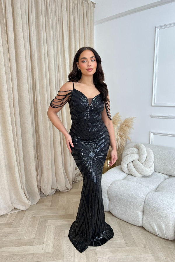 Vanity Black Luxe Sweetheart Beaded Shoulder Fringe Sequin Embellished Mermaid Illusion Maxi Dress