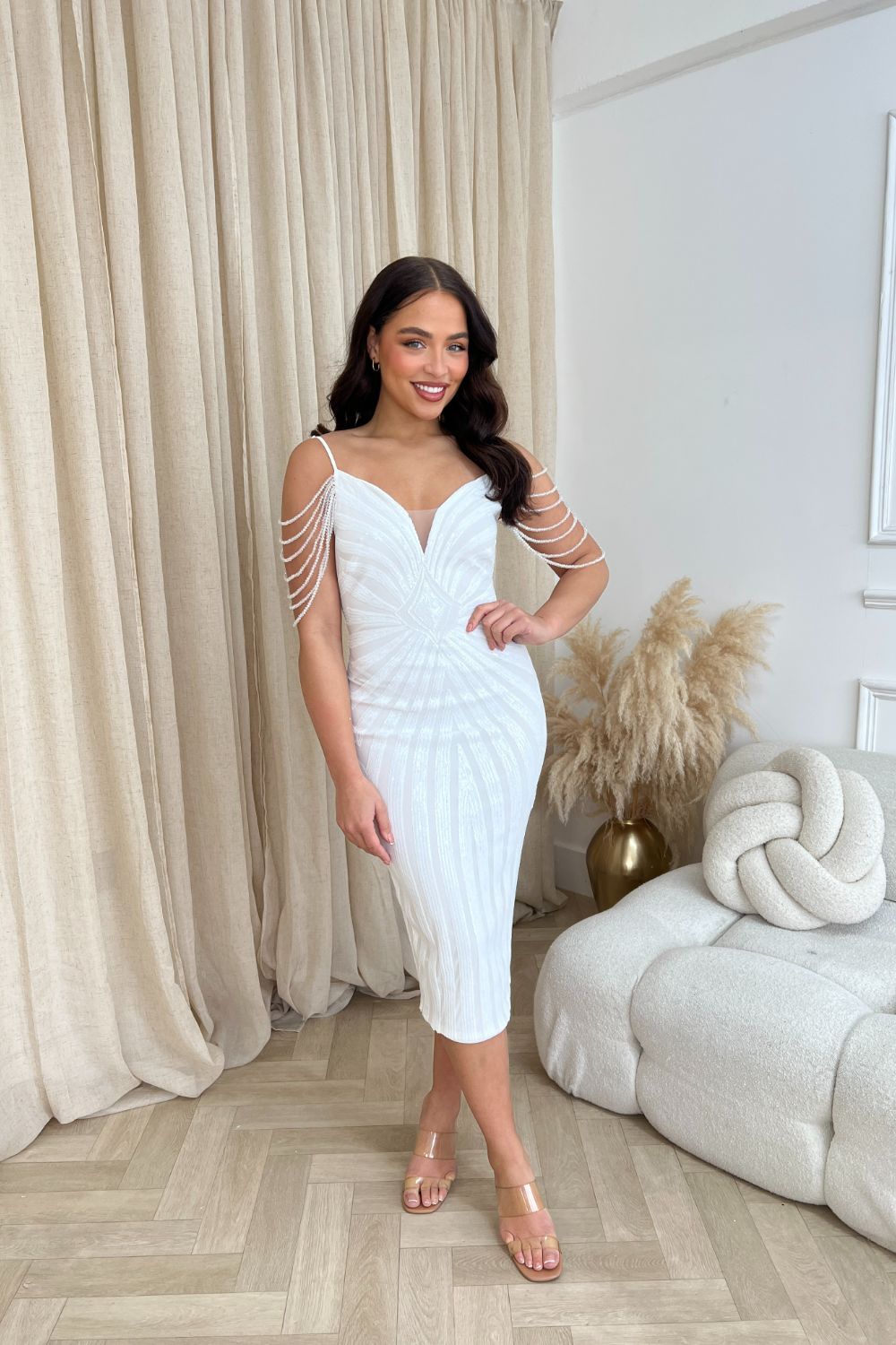 Promise White Luxe Sweetheart Beaded Shoulder Fringe Sequin Embellishe Nazz Collection